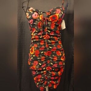 Hot Pink/orange Ruched, Floral Dress